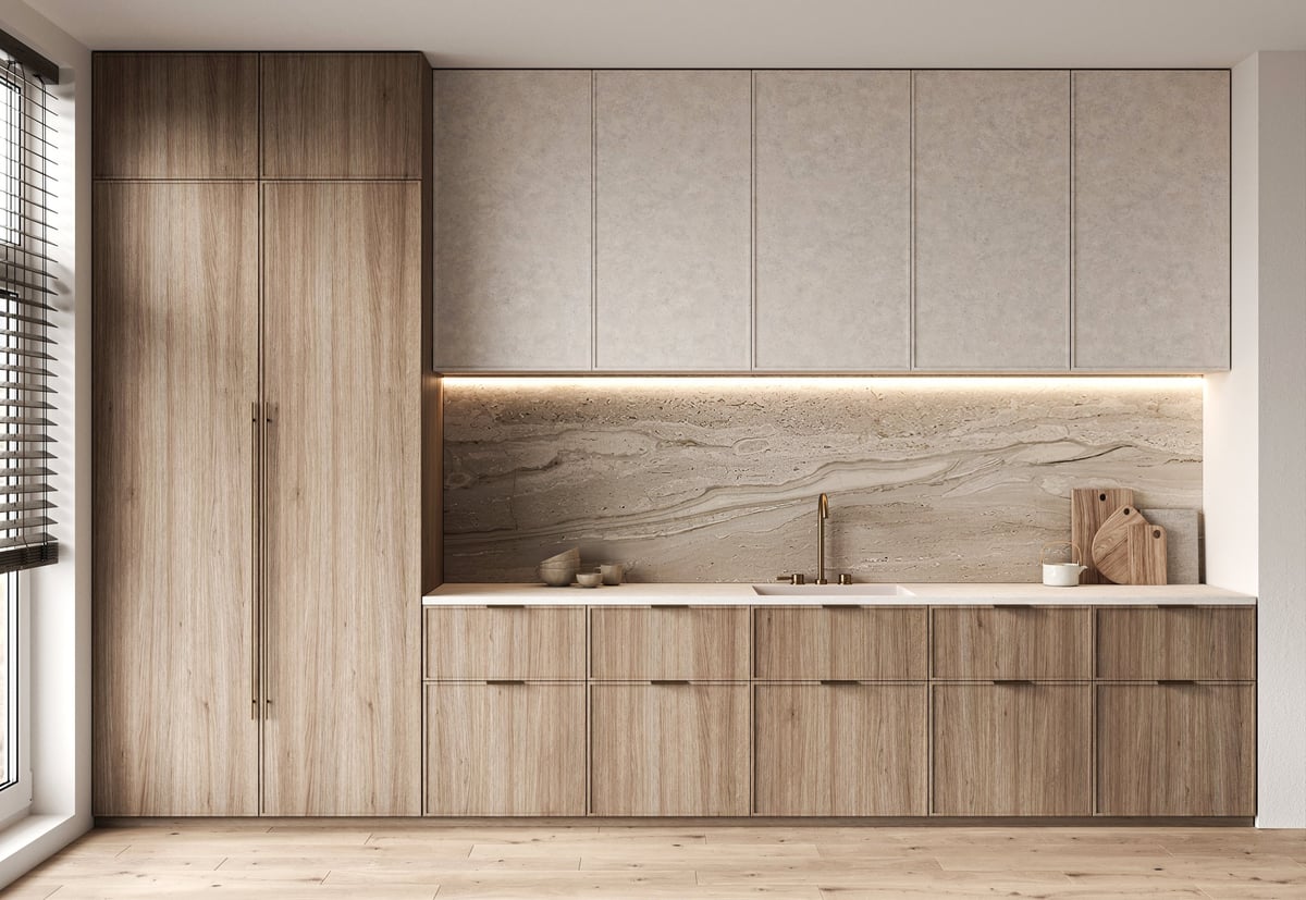 Modern custom cabinetry with tall timber cabinets and integrated appliances